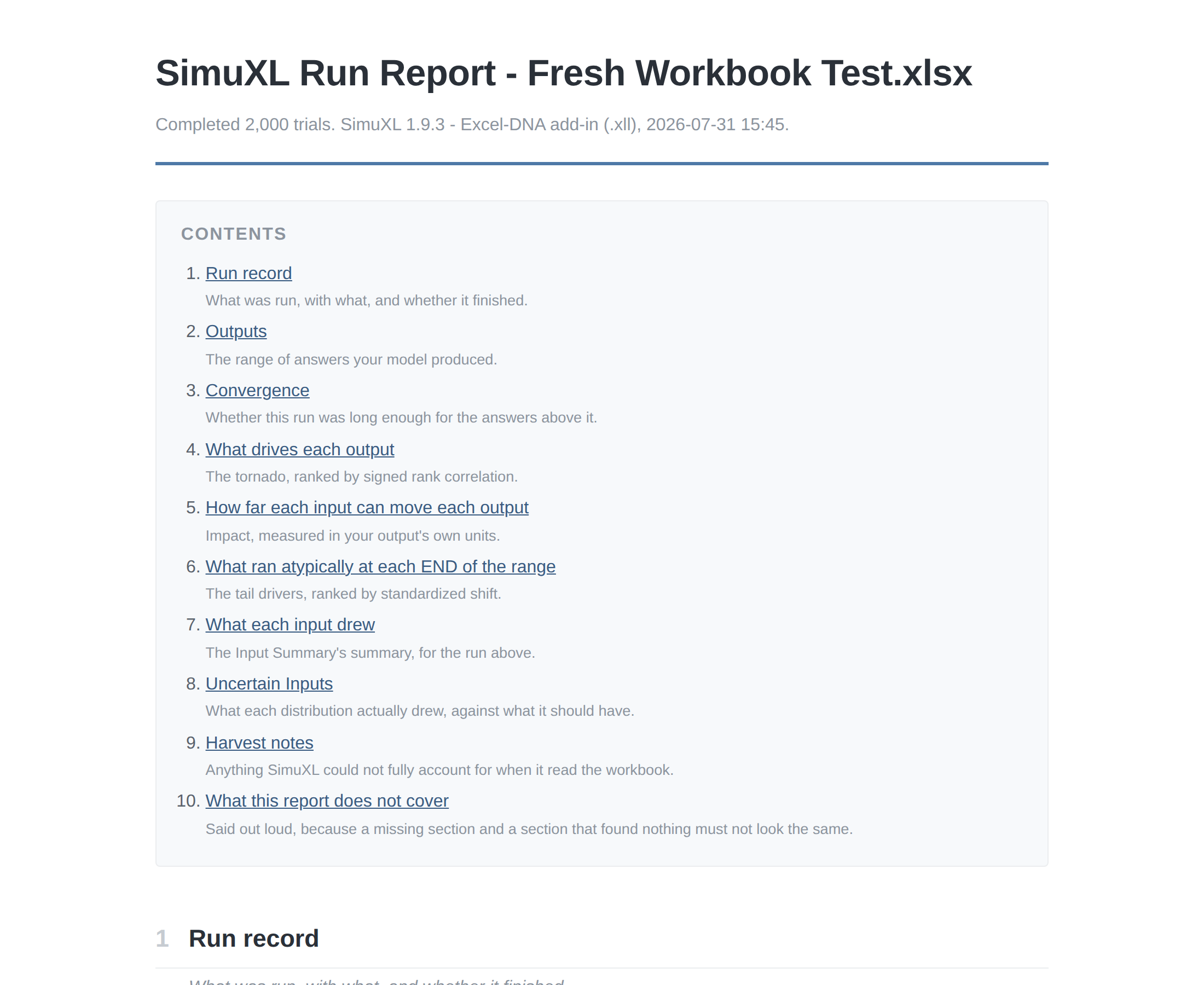 The contents page of a SimuXL HTML Report